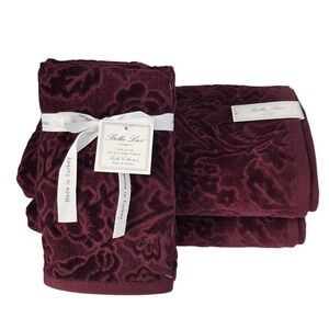 Bella Lux 4pc Turkish Cotton Velour Towel Set Merlot Floral Embossed 2Bath 2Hand